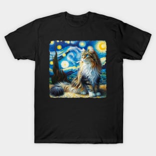 Domestic Long Hair Starry Night Inspired - Artistic Cat T-Shirt